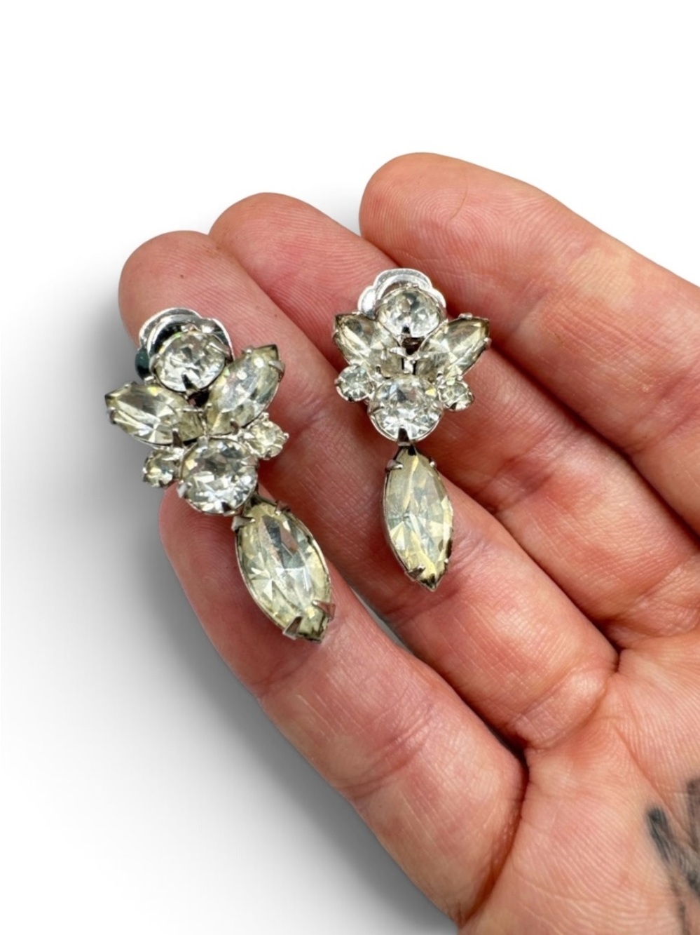 Vintage Eisenberg Ice Rhinestone Dangle Clip On Earrings Marquise Crystal 1.25”